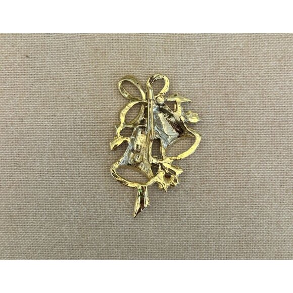 Vintage Gold-Tone Red Green Enamel Holiday Bell Brooch Pin Christmas Jewelry - Picture 4 of 4